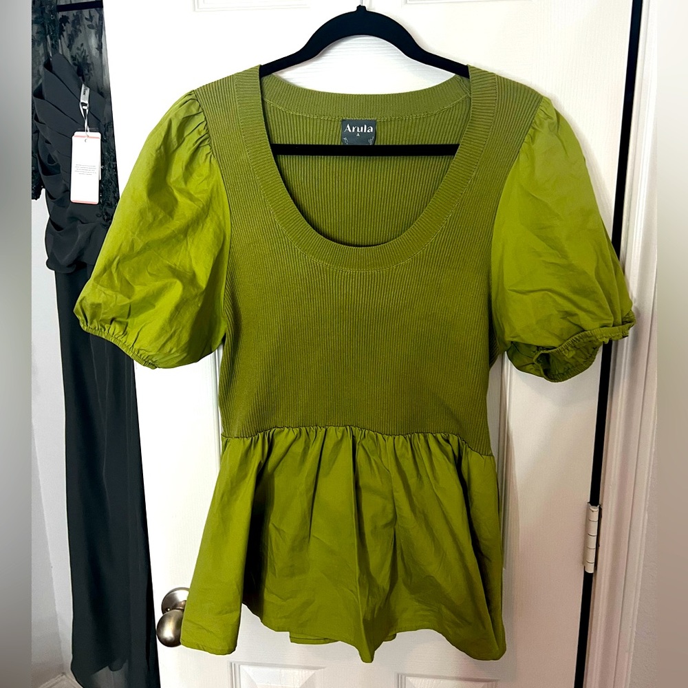 Arula Ribbed Puff Sleeve Peplum Top – Chartreuse (Size Arula B = 2X)
